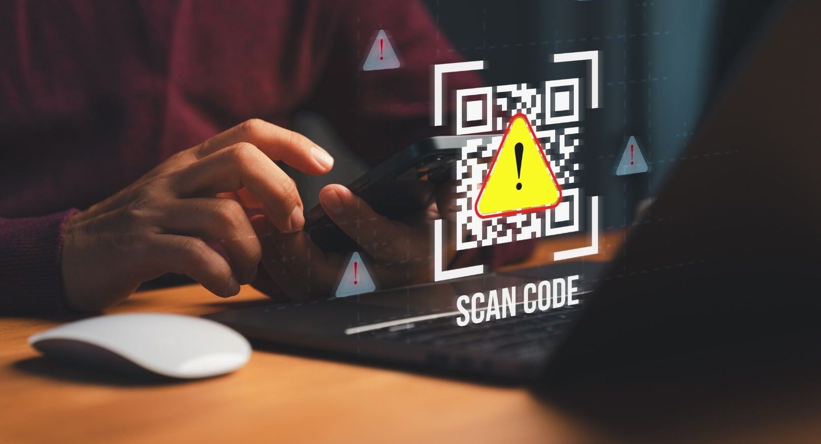 Cybersecurity warning about QR code scams showing a person scanning a code with a smartphone, with digital warning symbols representing phishing, data theft, and online fraud risk.